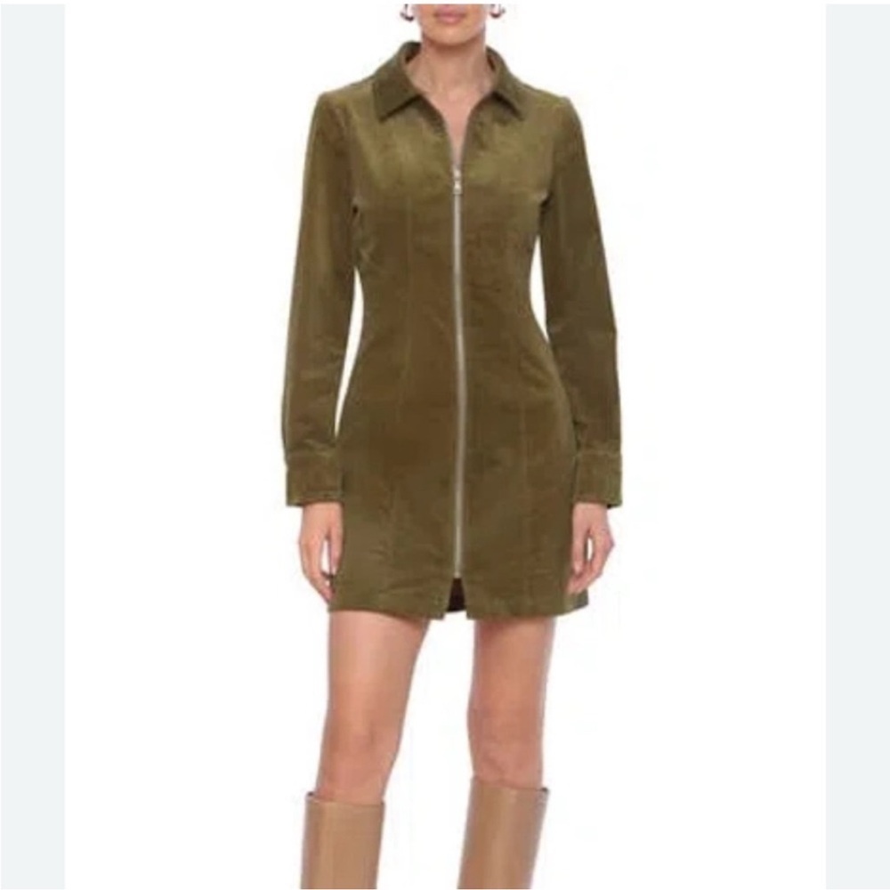7 for all mankind corduroy olive zipper mini dress long sleeves with collar